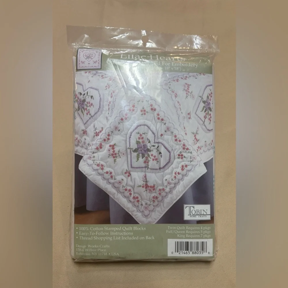 NEW TOBIN STAMPED FOR EMBROIDERY LILAC HEARTS QUILT BLOCKS